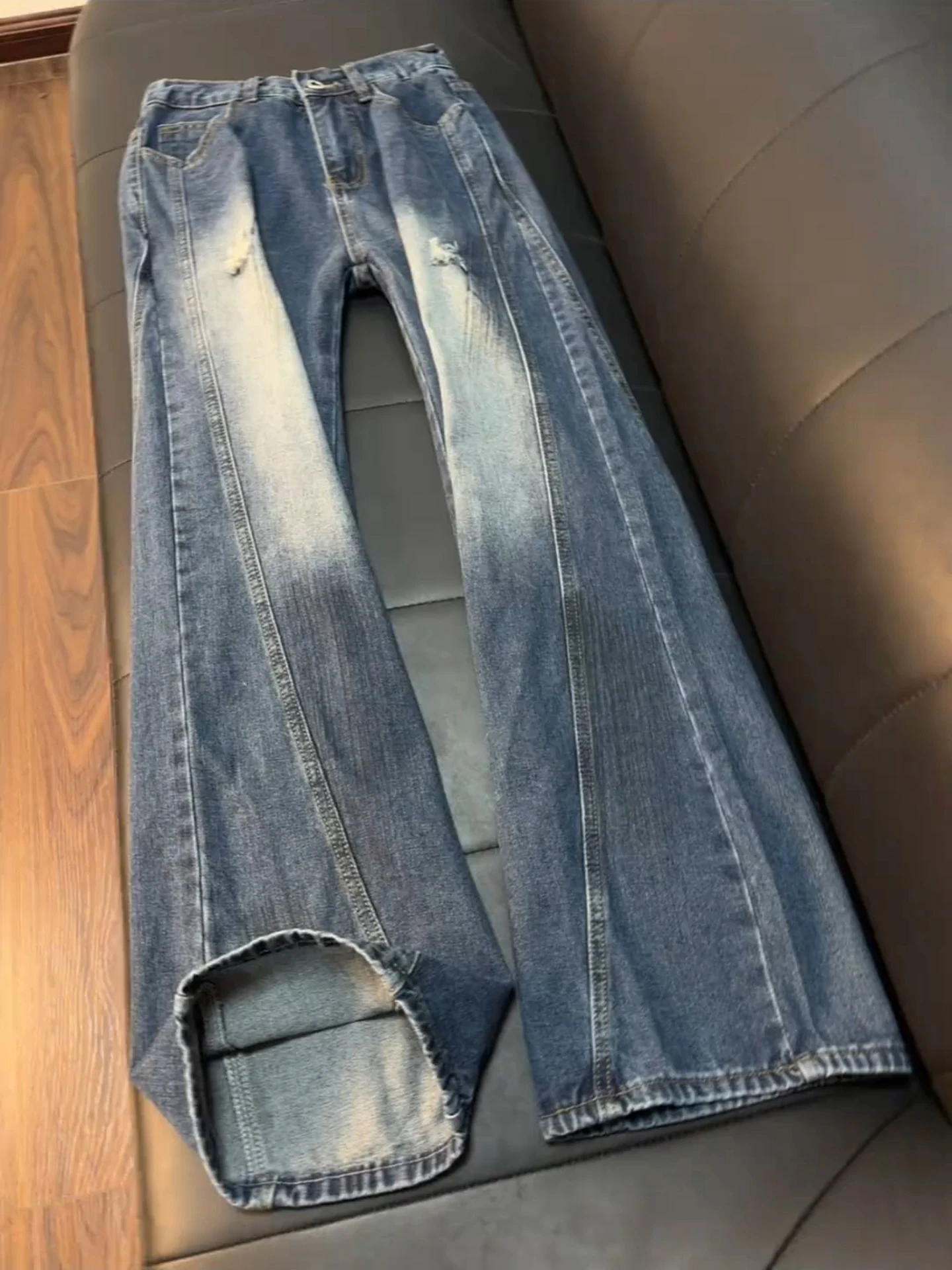

American Style Wide Leg Workwear Jeans Men's Deconstructed Splicing Hole Spray Painting Loose Drape Straight Leg Pants