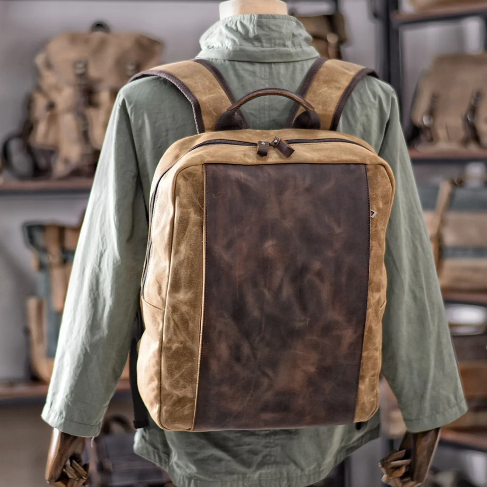 Outdoor Shoulders Business Computer Backpack Large Capacity Travel Waterproof Canvas Splicing Genuine Leather Hiking School Bag