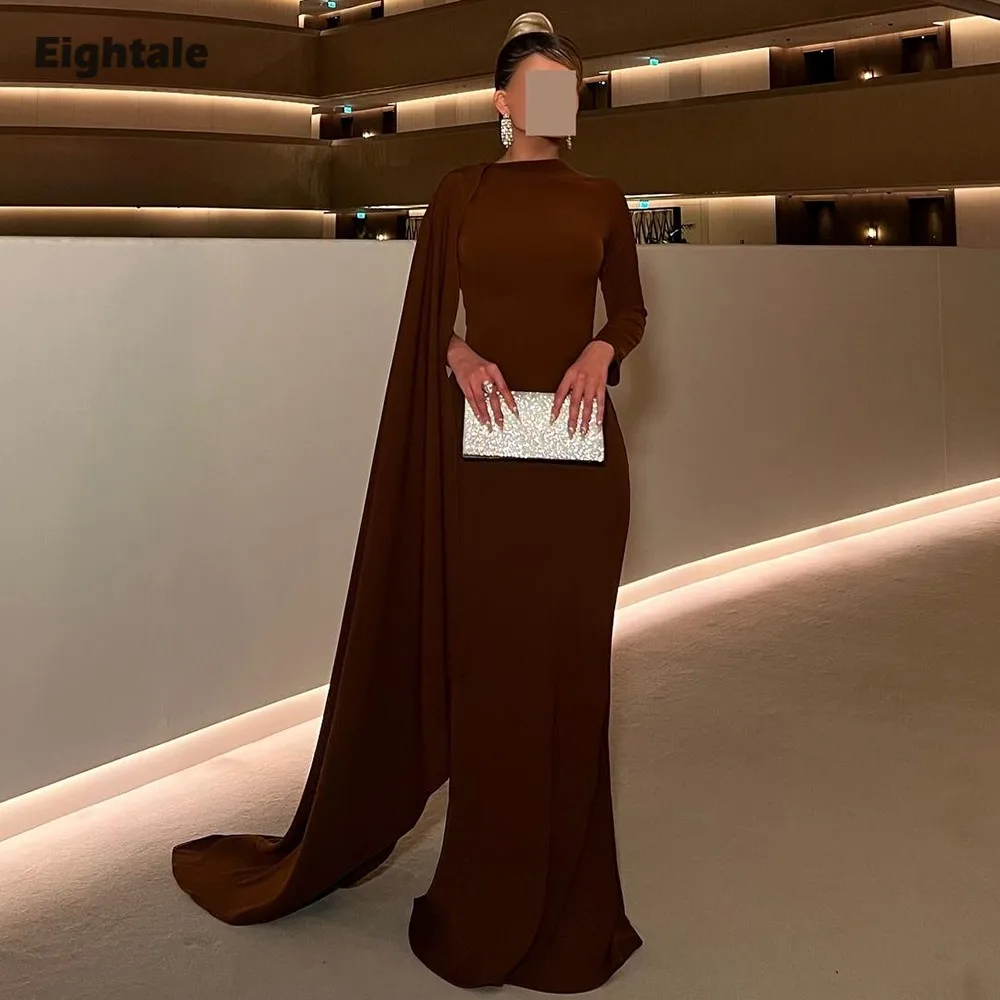 

Eightale Arabic Evening DressLong Sleeves Shawl Customized Stretchy Satin Mermaid Muslim Wedding Party Dress Robes De Soirée