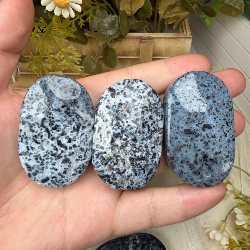 Natural Blue Lace Agate Palm Stone Hand Polished Black Banded Chalcedony Pocket Stone Chakra Reiki Healing Home Decor Crafts
