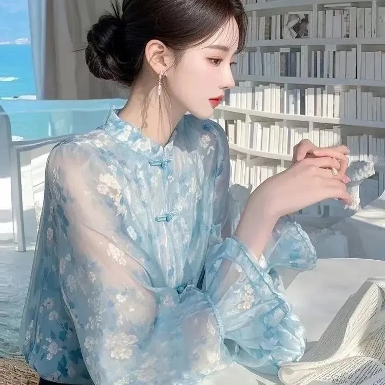 قميص شيفون أنيق بأكمام طويلة مزين بالزهور للنساء، تصميم جديد لربيع وصيف، طراز خيالي فريد مضاد للشيخوخة، قمة الموضة الكورية بق...