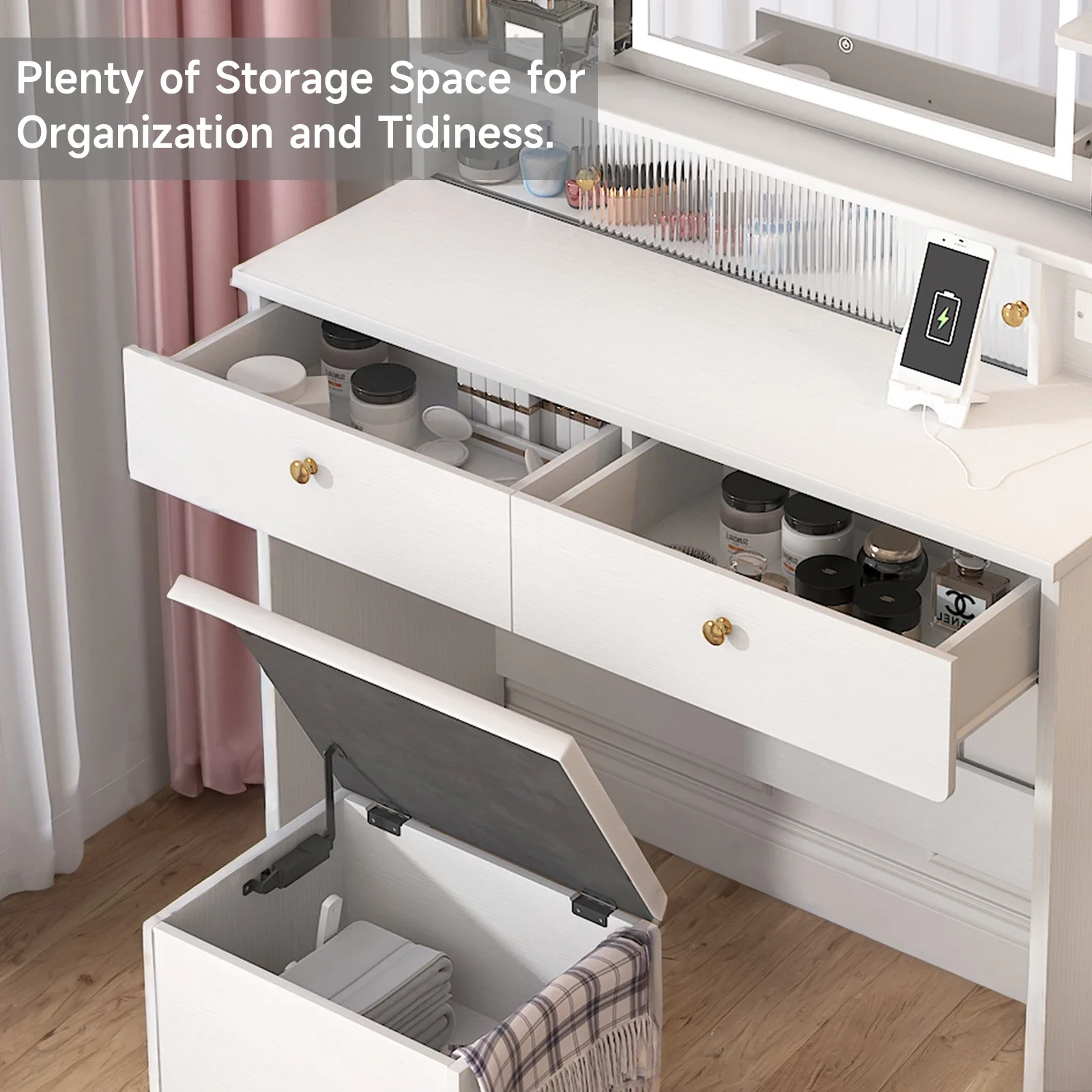 Vanity Desk with Mirror and Lights Dressers 2 Drawers Storage Bench White Makeup Table 3 Light Modes for Bedroom Dressing Room