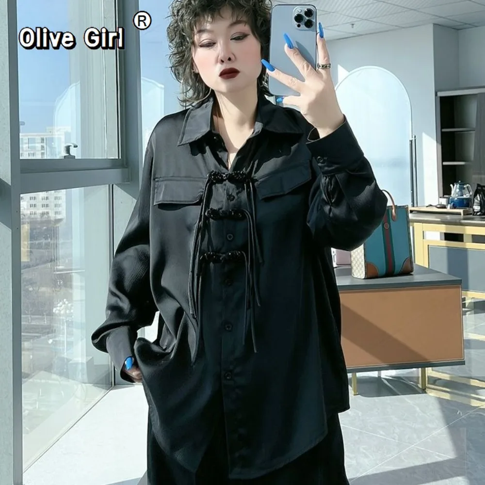 

Oversized Shirt Top Spring Summer 2026 Plus Size Women's Clothing Chic Lapel Black Blouse Tassel Hanging Down Long Sleeve