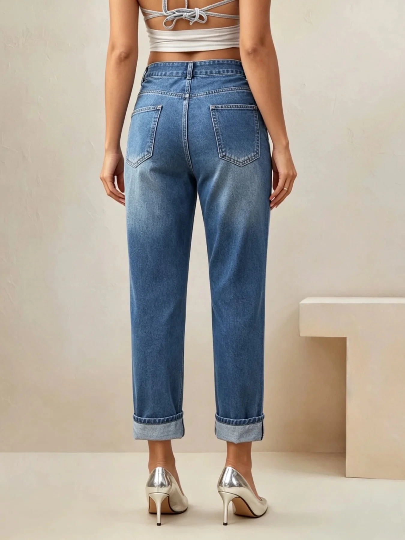 Vintage Embroidered Straight Leg Cuffed Pants Colorful Floral Embroidery Washed Distressed Loose Comfort Personality Trendy Dail