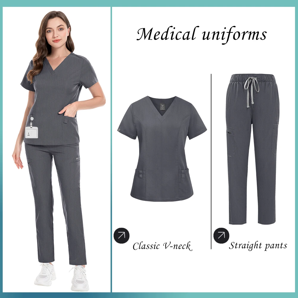 スクラブ制服スーツ半袖 V ネックトップス + ポケットパンツセット看護ナース制服女性マルチカラーペットドクター医療作業服