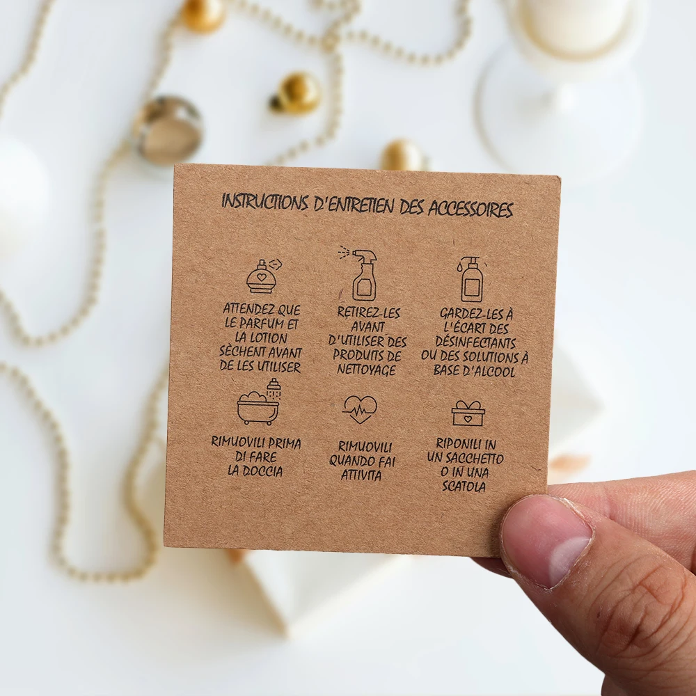 50PCS 9 Languages 6.5x6.5cm Square White Brown Care Instructions Custom Insert Card For Jewelry DIY Packaging Supplies Wholesale