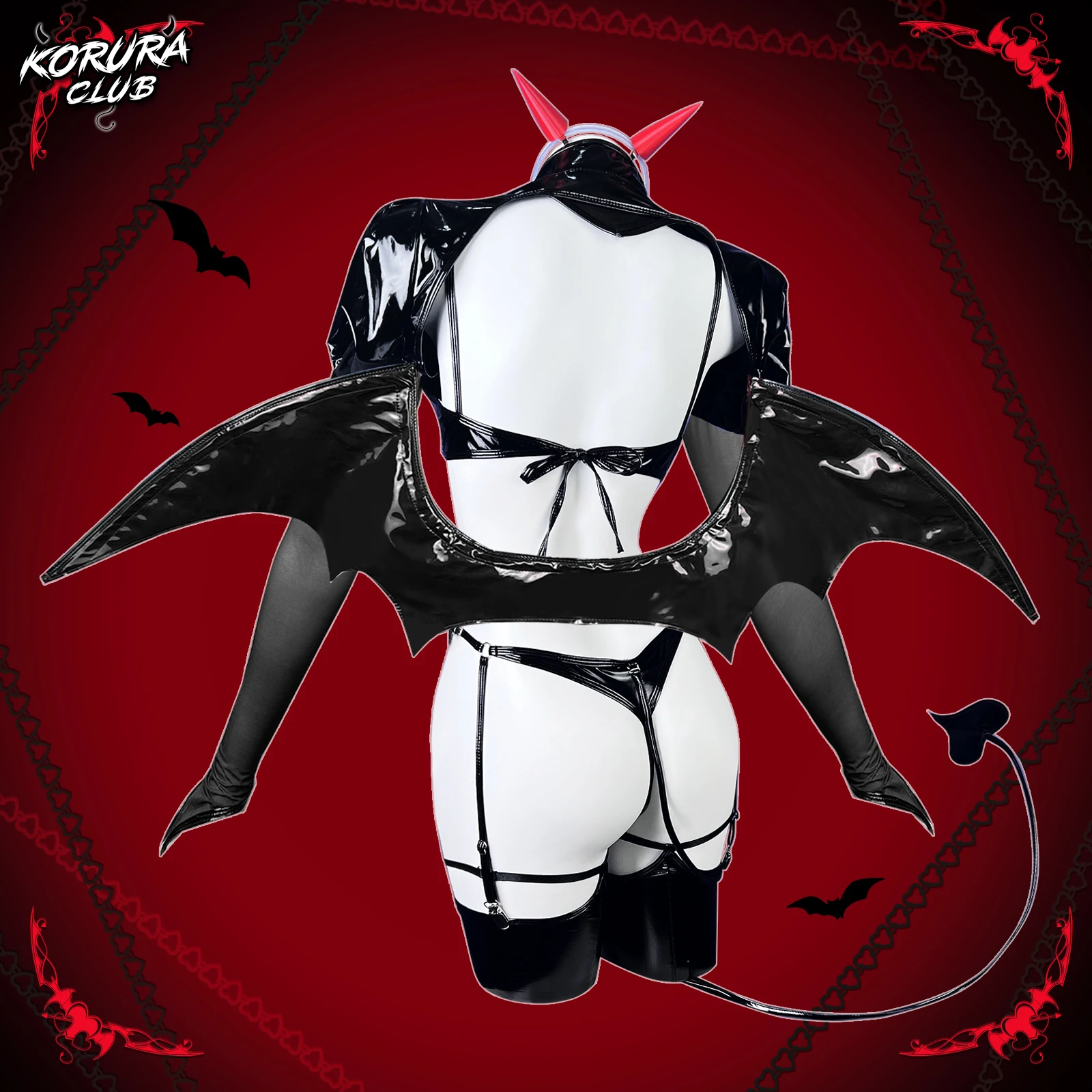 KORURACLUB Cosplay Love Heart Succubus Lingerie PU Leather One Piece Bodysuit For Women  (6-PIECE SET) view 3