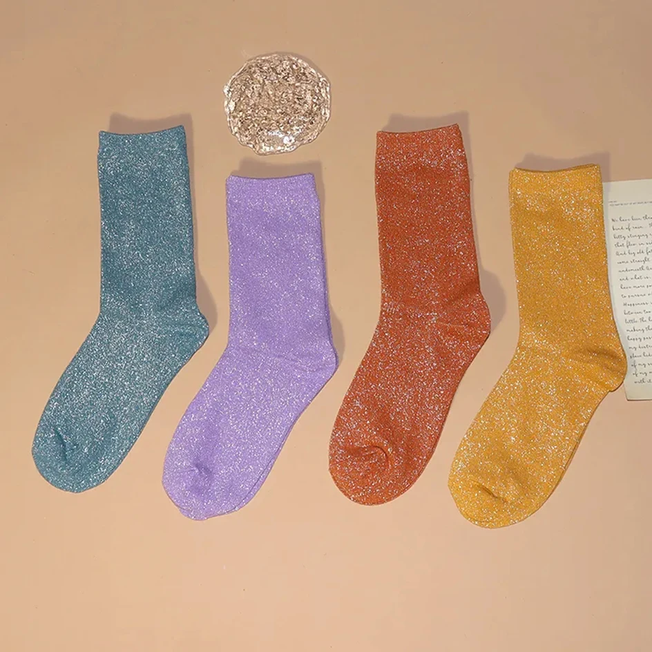 Harajuku Glitter Sequin Socks For Women Candy Color Filigree Loose Socks Shiny Gold Silver Silk Stockings Bright Cotton Socks