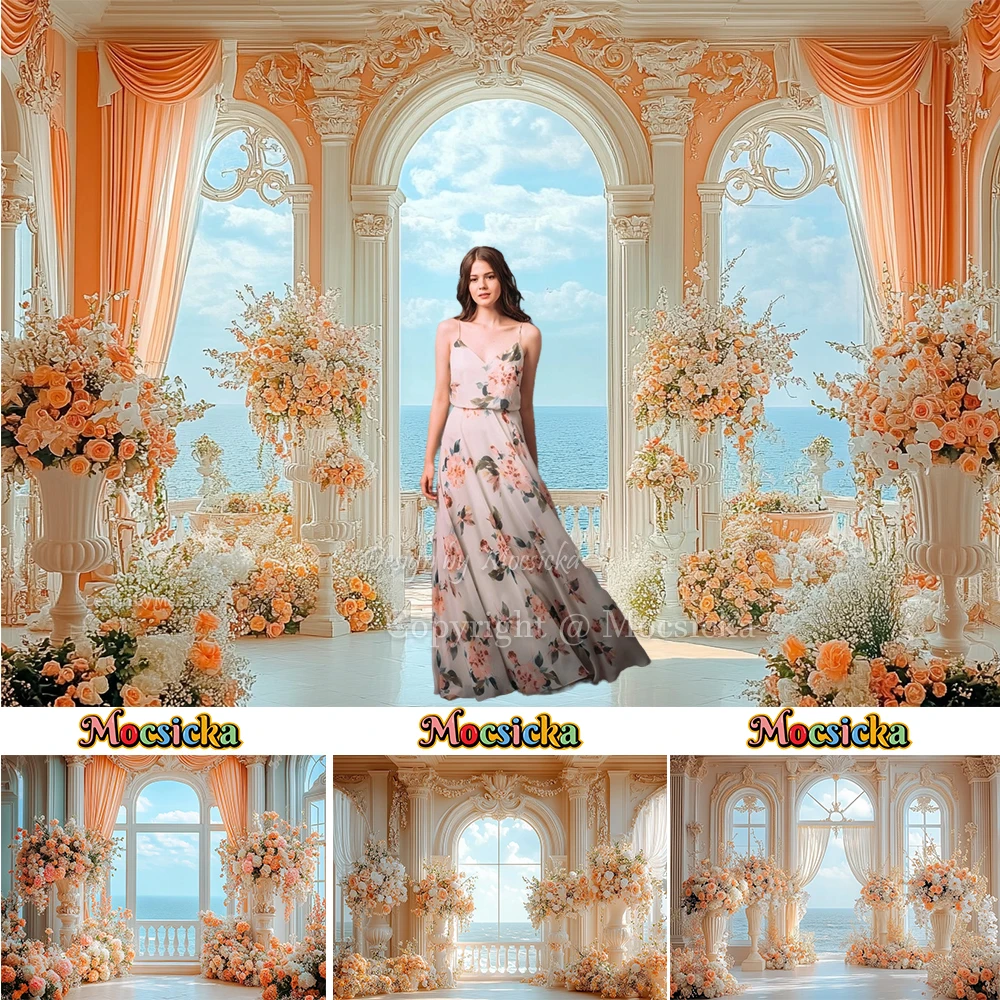 Роскошный свадебный фон для фотосъемки для девочек, теплый оранжевый цветочный дворец, голубое небо, фон, декор для свадебного шоу, фотозона для студии