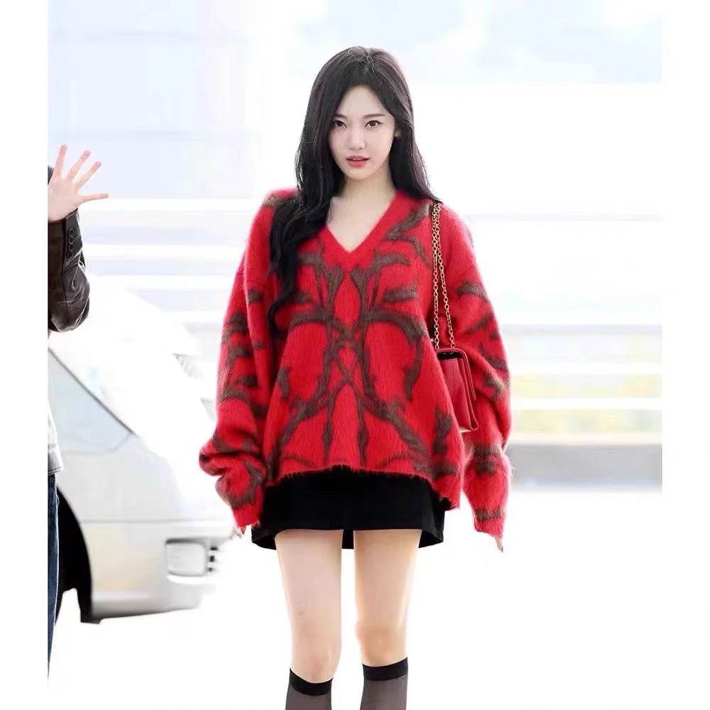 Maglione lavorato a maglia V-Ne in lana Mouton rossa Vestibilità ampia da donna Faion Casual Top invernale Brandymelody Maglieria lunga Sve