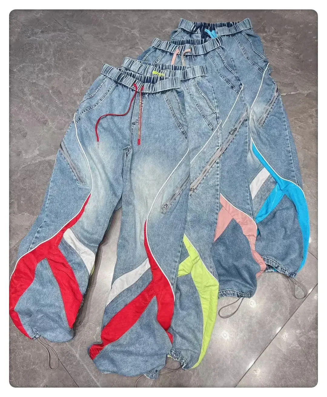 European Jeans Women's 2025 Spring New Heavy Industry Trousers Contrasting Colors Drawstring Elastic Band Loose Zipper Trousers