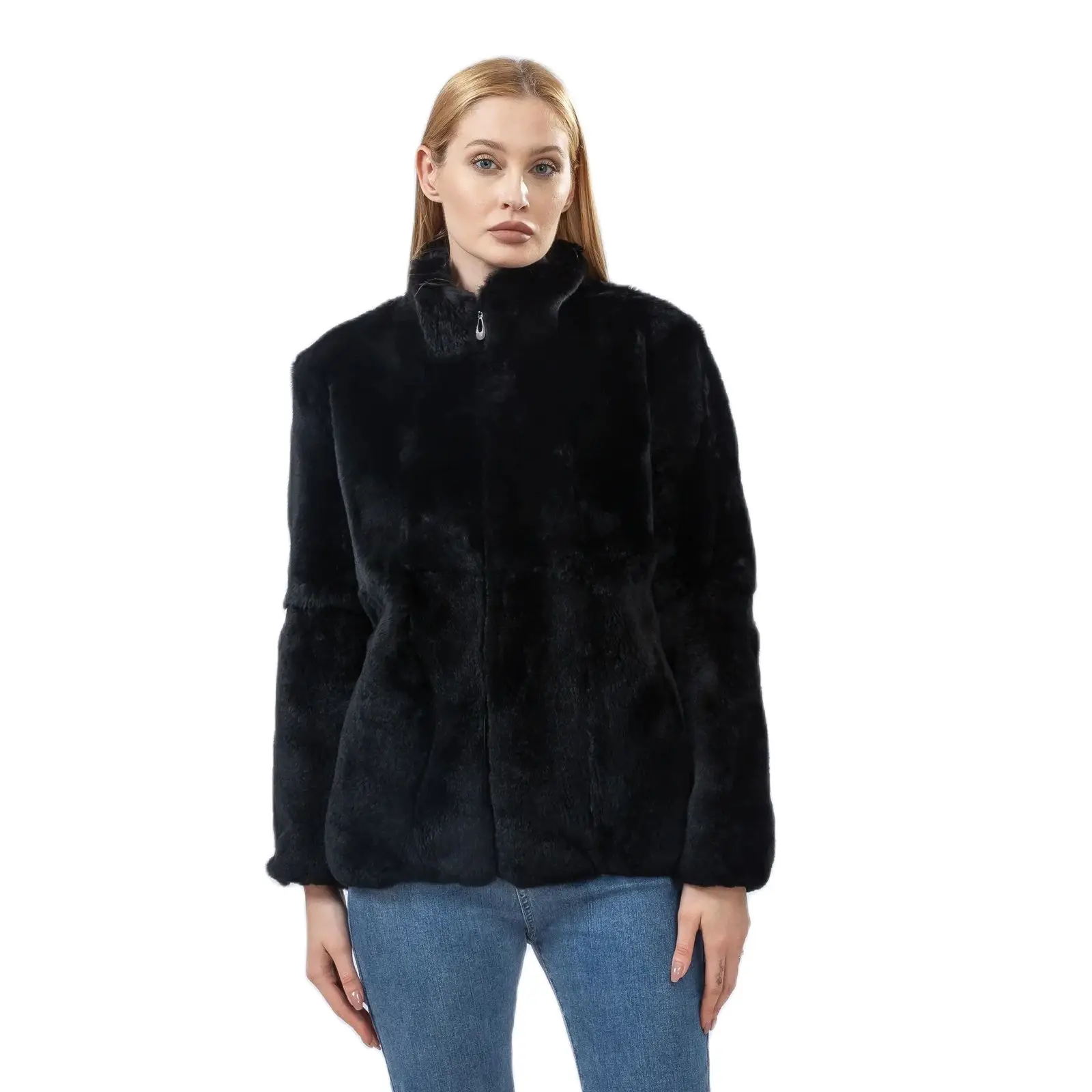 Chaqueta de piel completa de conejo Rex Natural para mujer, abrigo de invierno peludo, chaqueta cálida y esponjosa, Color negro, chaquetas clásicas, B230618