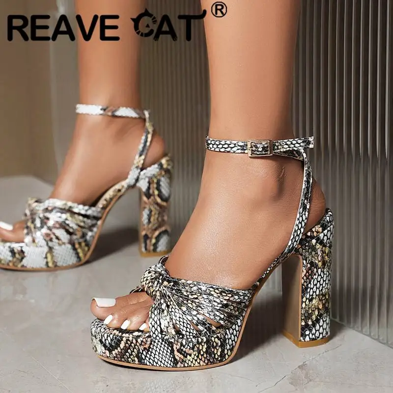 REAVE CAT Female Sandals Snakeskin Grain Chunky Heel 11.5cm Platform 2.5cm Buckle Strap Big Size 41 42 43 Sexy Party Shoes S4895