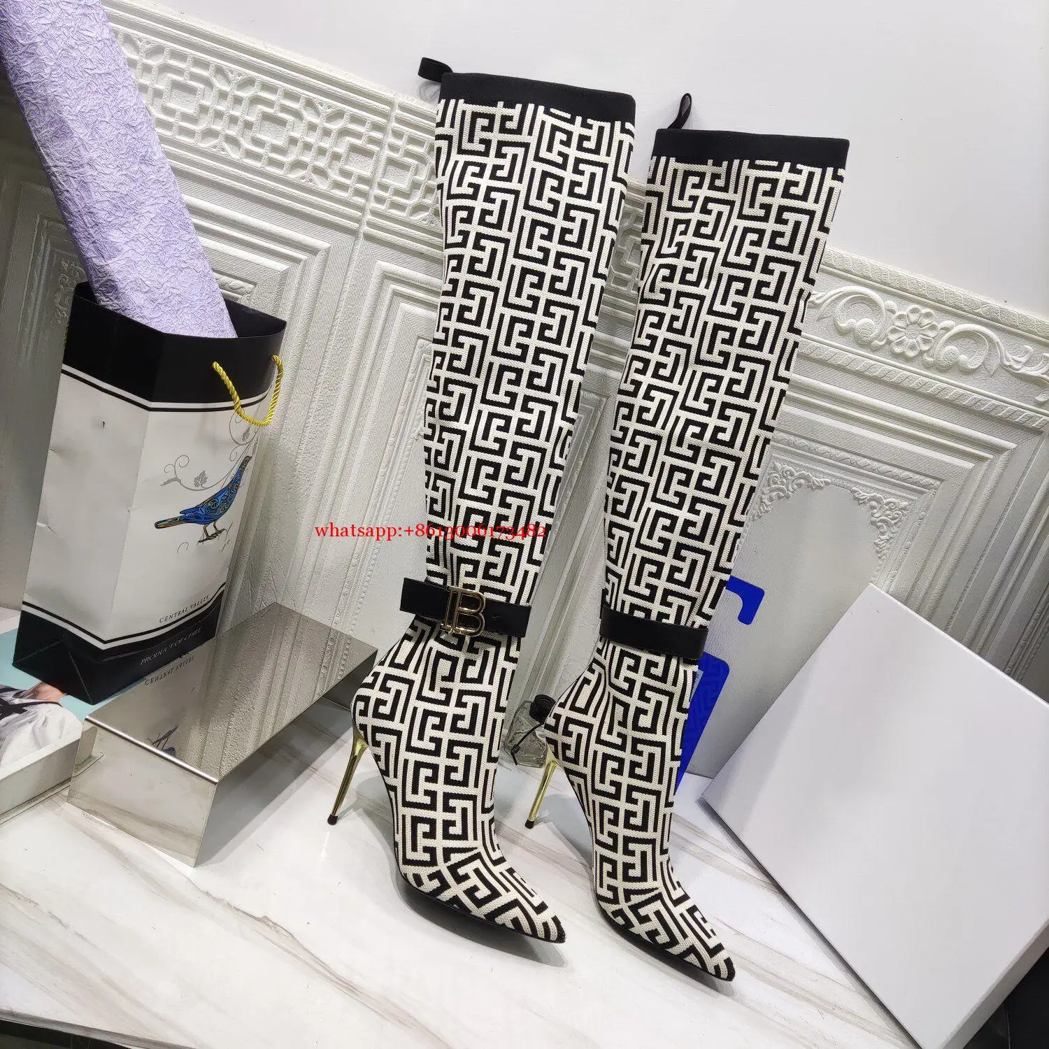 Sexy Lady Design Pointed Toe Metal Buckle Stretch Sock Boots Winter Over-The-Knee Stretch Pointed Belt Buckle Sock Boots Woman