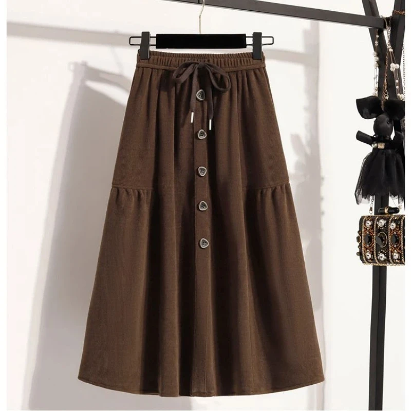 Women's Knit A-Line Skirt With Button Front And Drawstring Waist For Casual Office Wear In Solid Color