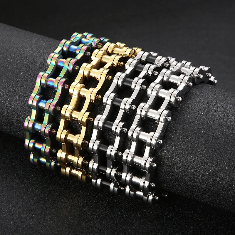 18mm Heavy Punk Rainbow Bike Biker Motorcycle Chain Bracelet Jewelry Men Rock Hiphop Blue Titanium Steel Bicycle Link Bangle