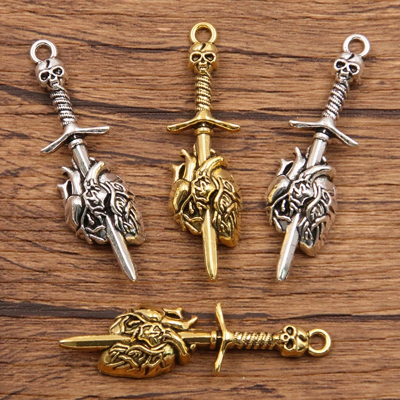 10PCS 14*50mm Metal Alloy Two Color Skull Sword Heart Charms Halloween Weapon Pendant For Jewelry Making DIY Handmade Craft