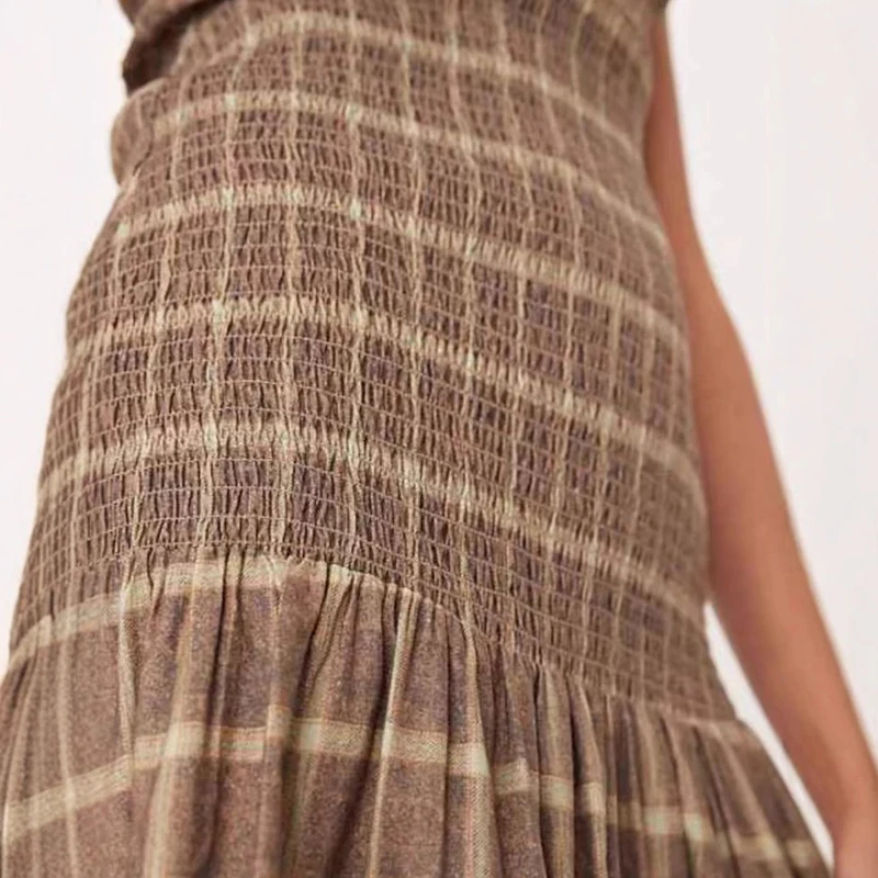 فستان صيفي طويل غير رسمي منقوش ومطبوع جديد بدون أكمام بخصر عالٍ فستان شاطئ مطوي أنيق نصف رقبة عالية فستان حفلات بقصة ضيقة #3