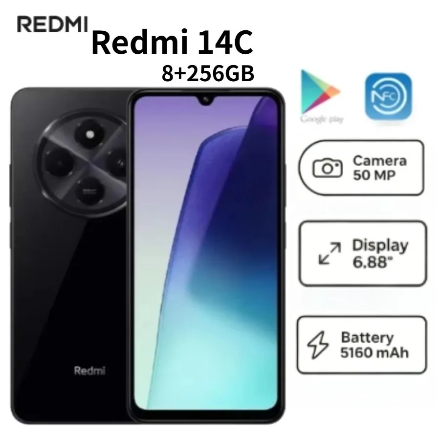 2026 New Redmi 14C Global Version Factory Unlocked Dual SIM Android Smartphone 8GB RAM 256GB 6.88 Inch Smooth 120Hz HD Display