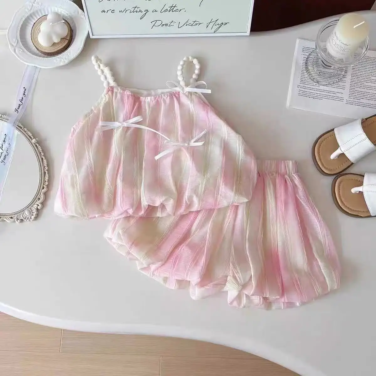 

Girl Set Summer New Korean Fashionable Butterfly-knot Vest Shorts Daily Wear Two-piece Set Kids Clothes Girls Kids Outfits