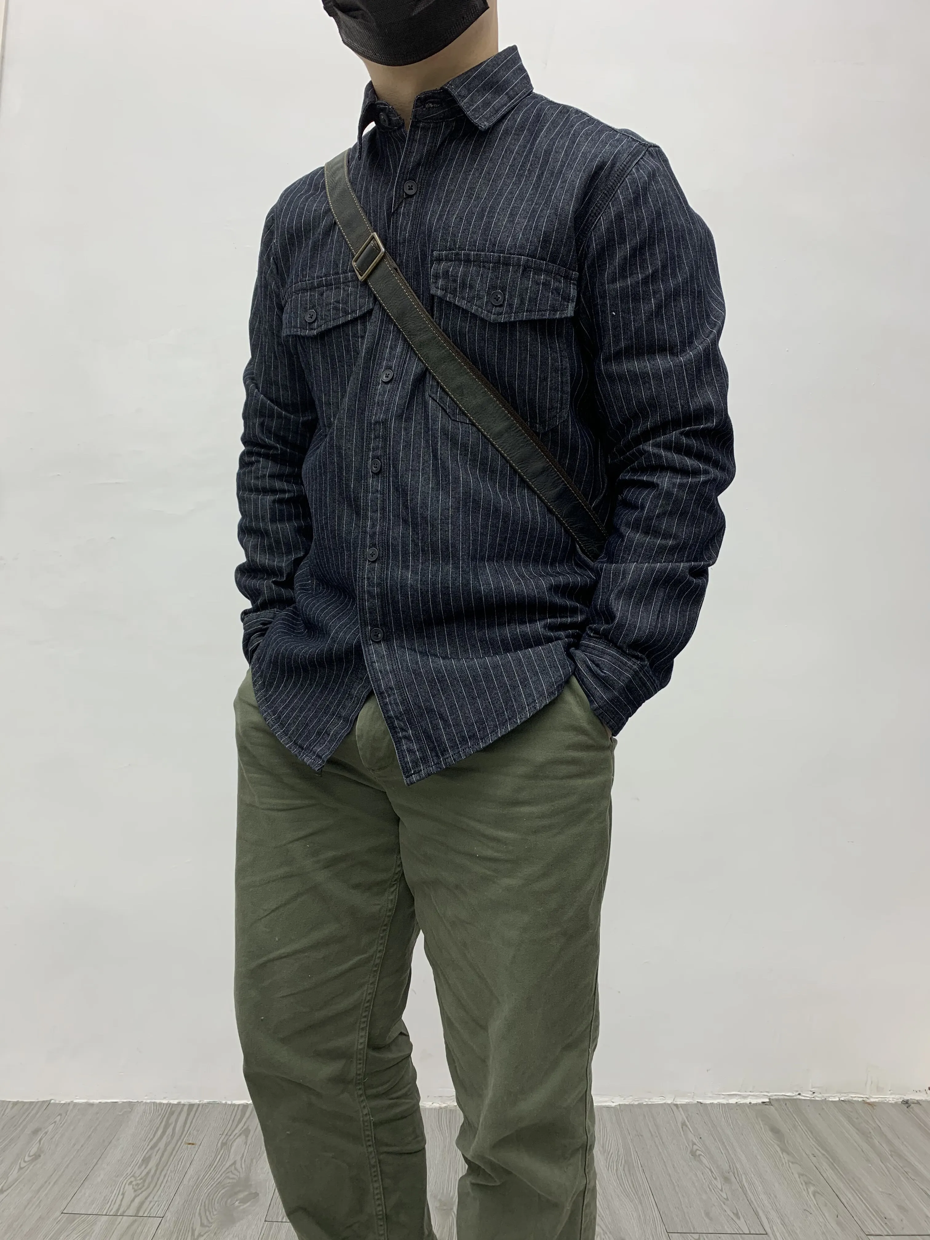 Men's Amekaji Rugged Japanese Retro-Style Work Shirt Heavyweight Pure Cotton Vertical-Striped Harajuku Loose-Fit Long-Sleeve Top