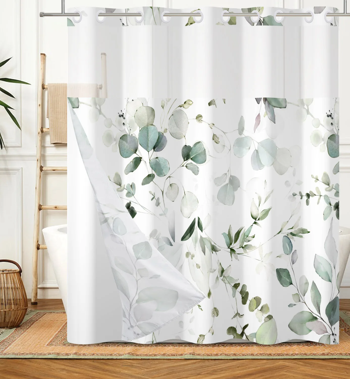 

Hookless Double Layer Shower Curtain Waterproof Removable Lined Leaves Plants Flower Modern Bathroom Decorative Shower Curtains