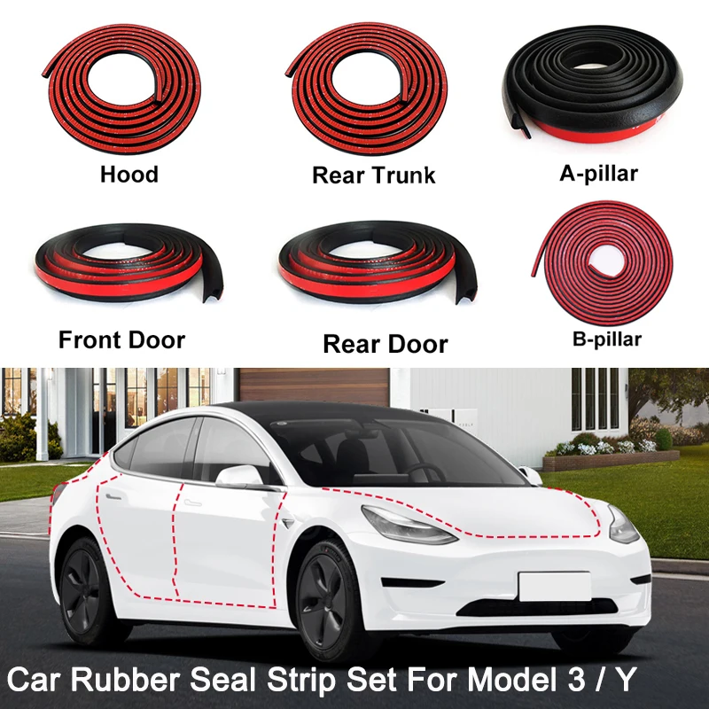 Car Door Rubber Seal Strip Kit EPDM Rubber Weatherstrip For Trunk Hood A B Pillar Sealing For Tesla Model 3 Y Auto Accessories