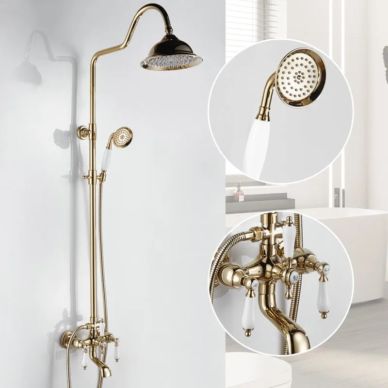 Vintage French Style Dual Handle Tub Faucet Shower System Bronze Gold Shower Set with Hot and Cold Water Controls
