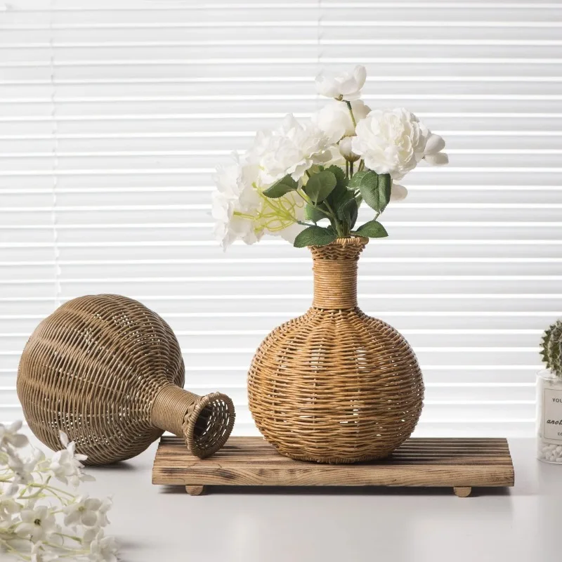 Handgefertigte Vintage-Vase, handgewebte Imitation-Rattan-Vase, Ethno-Stil, Wohnzimmer-Dekoration, Ornament, kreative Trockenblumenvase, Zubehör