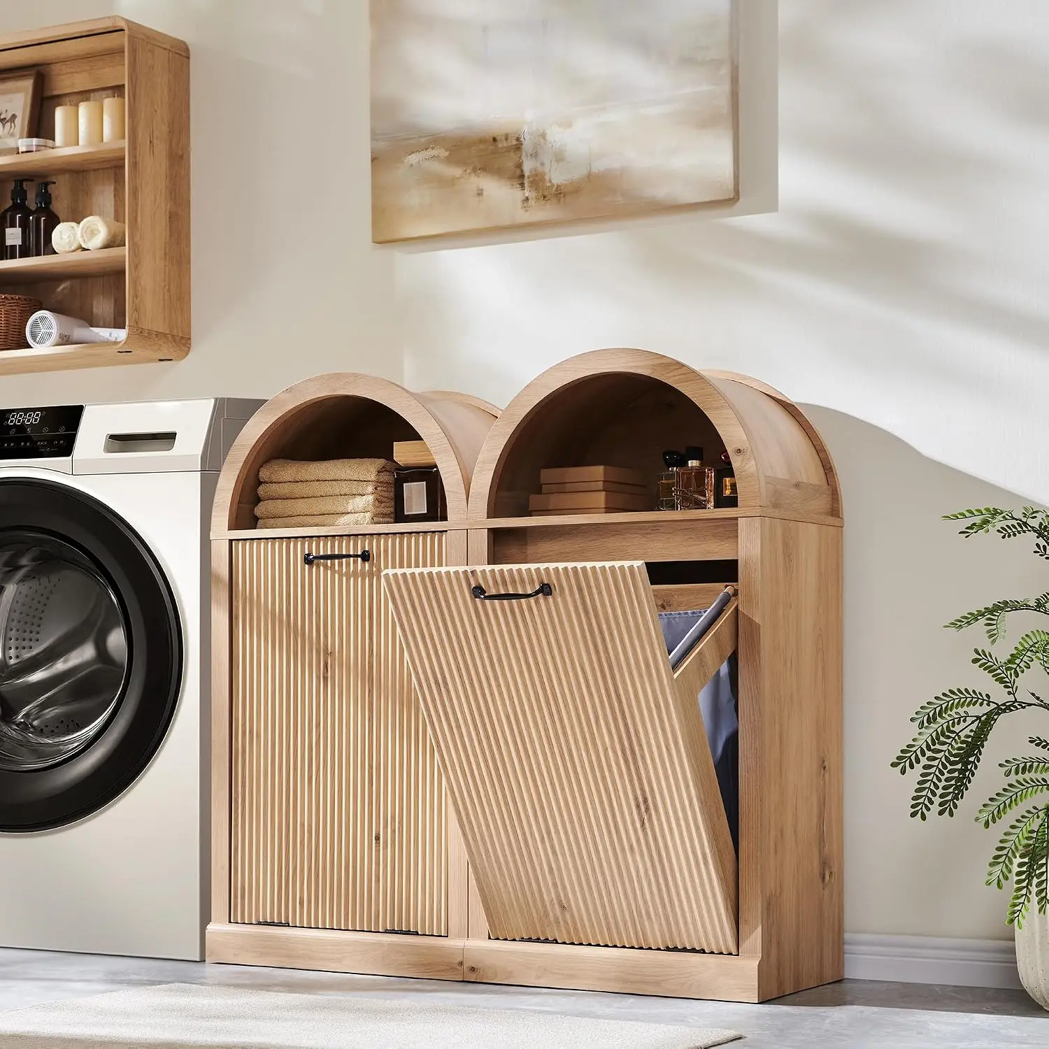 Arched Tilt-Out Trash Cabinet Fluted 10 Gallon Set of 2 Laundry Hamper Hidden Garbage Storage Kitchen Living Room, Customized