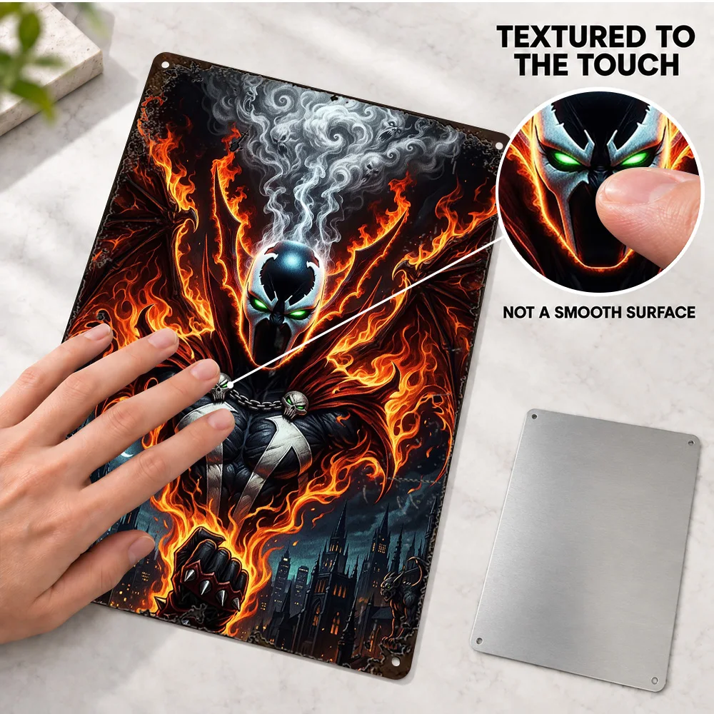 Spawn Surrounded By Hellfire Textured Metal Poster Personalized Aluminum Sign Comic Book Illustration Wall Art For Home Office