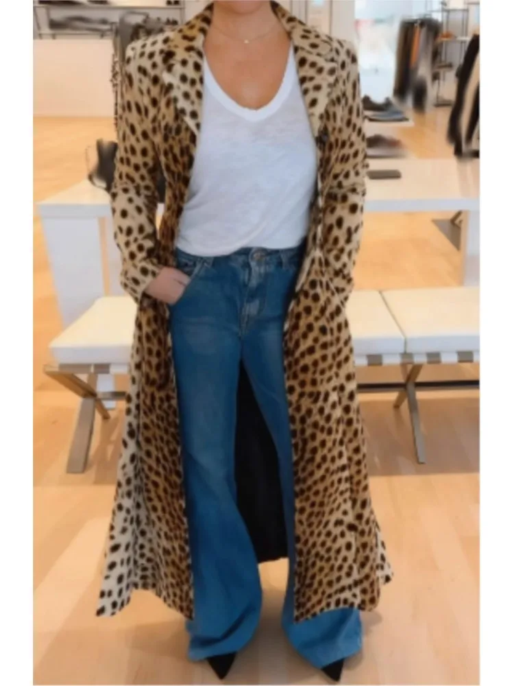 Fashion Leopard Trench For Women Casual Long Sleeve Turn-down Collar Button Long Coat Lady Holiday Streetwear Vintage Clothes