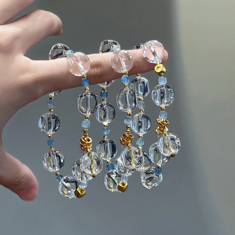 Clear Quartz Aquamarine Bracelet for Women, Square Sugar Cube Beaded Hand Chain, Elegant Crystal Jewelry Gift