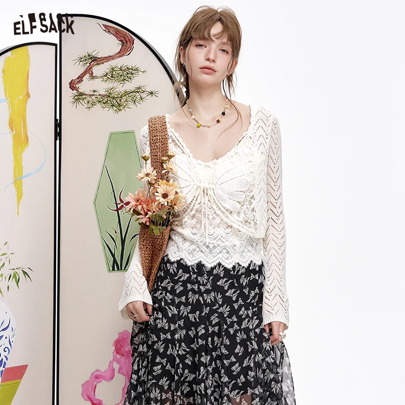 ELFSACK 2025 Spring New Arrivals Y2K White Hollow Butterfly Knitted Cardigan Women Hot Girl Sweet Tops
