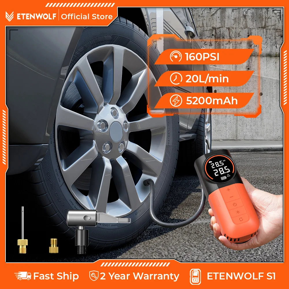 

ETENWOLF S1 Портативный автомобильный насос для накачивания шин 5200 мАч 20 л/мин Автомобильный компрессор для автомобилей Мотоциклы Велосипеды Аксессуары для мотоциклов