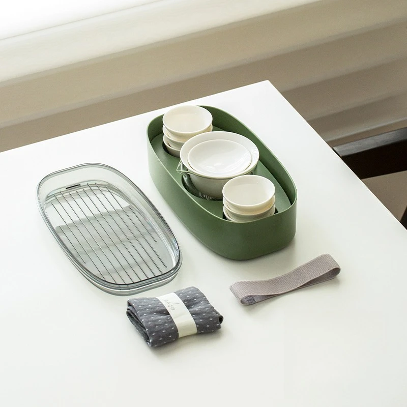 Teaware Set Outdoor Travel Portable Car Tea Set Mutton-fat Jade Tea Brewing Set Storage Box