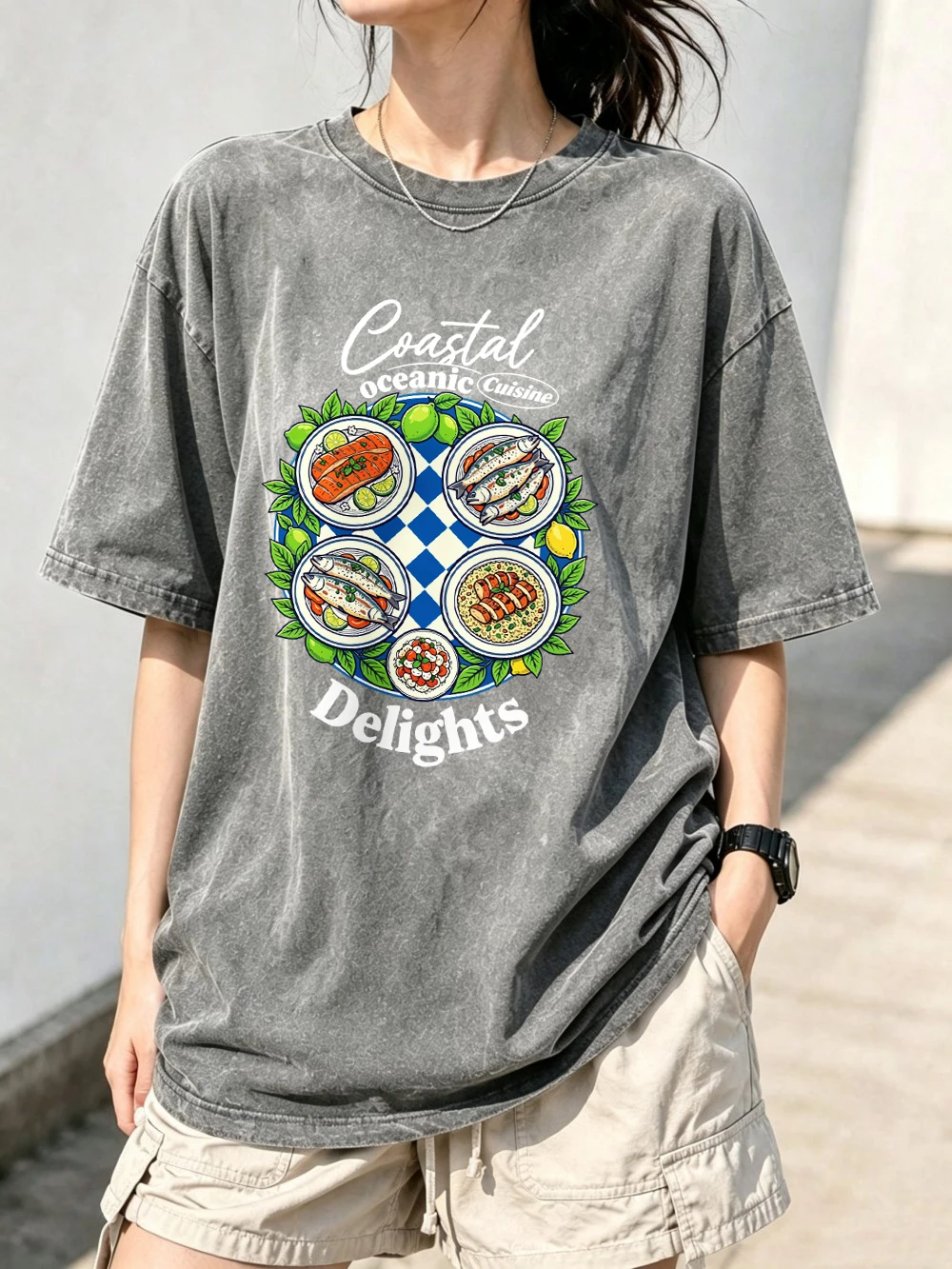 Coastal Delights Seafood Platter Prints Washed T-Shirts Women Oversized Cotton Tops Summer O-Neck Distressed Tees Street Clothes