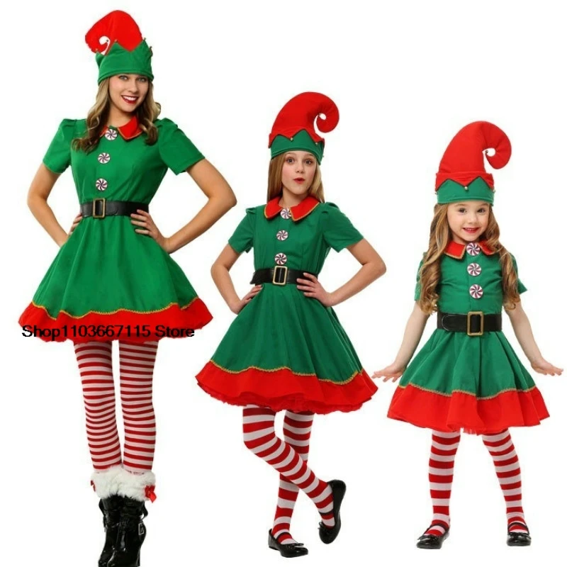 New Christmas Children's and Adult Christmas Costumes Santa Claus Green Elf Costumes Cosplay Christmas performance Outfits