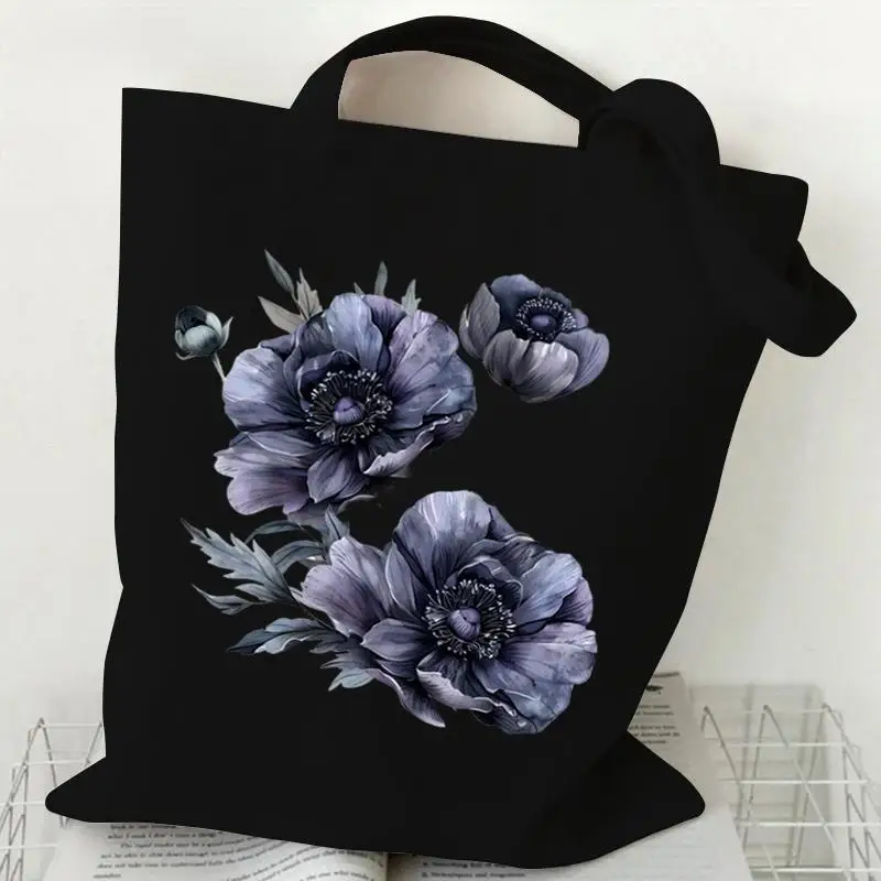 

Gothic Anemone Canvas Tote Bag for Women Dark Aesthetic Purple Flower Reusable Shoulder Bag Gifts Alternative Casual Handbag