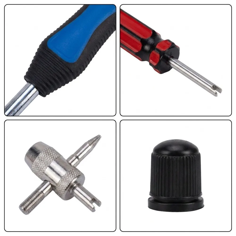 For motorcycle Tire Lever Kit 375mm with 3 Long Handles 3 Steel Ring Protectors 6 Valve Cores 6 Valve Tips and Valve Core Wrench