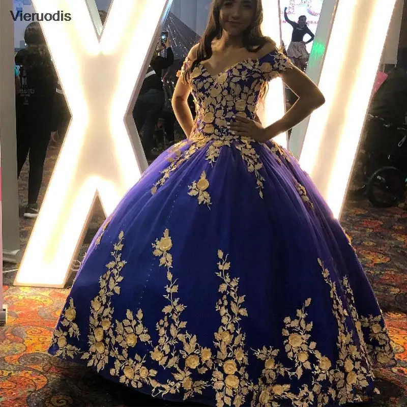 

Royal Blue Ball Gown Quinceanera Dresses 2020 Luxury Gold Lace Floral Applique Off Shoulder Lace-up Corset Sweety 15 Girls Dress
