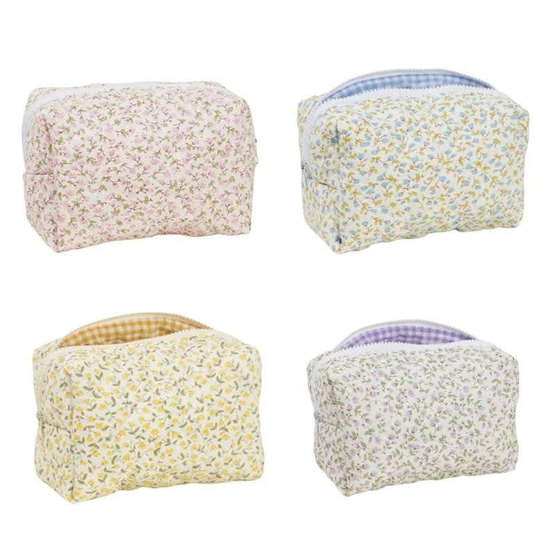 Quilted Floral Cotton Makeup Pouches Large Capacity Toiletry Bag Women's Portable Cosmetic Bag For Travel And Home Use