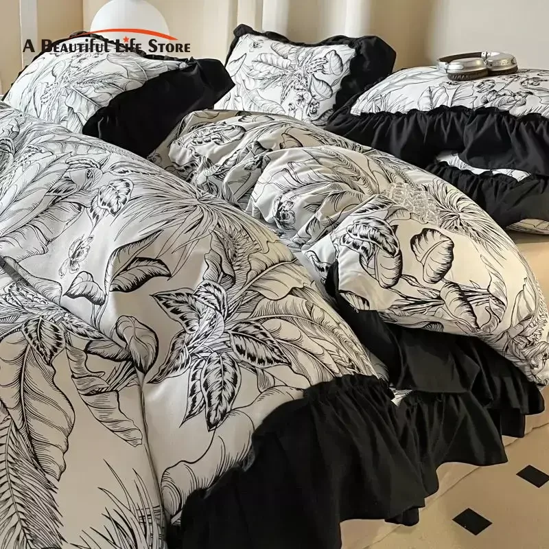 2/3PC French Vintage Black Ruffles Duvet Cover Set, With Pillowcases, Nordic Luxury Flowers Plant Quilt Cover Set, Bedding Set