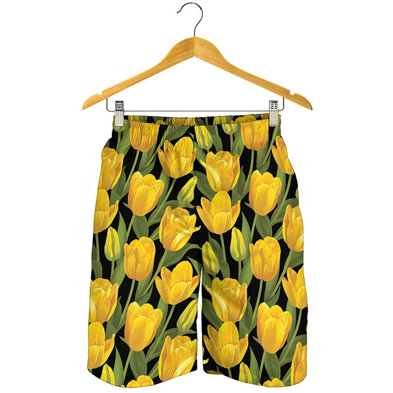 Beautiful Tulip Floral Beach Shorts For Men 3D Printed Plants Flower Short Pants Surf Board Shorts Summer Loose Kids Swim Trunks