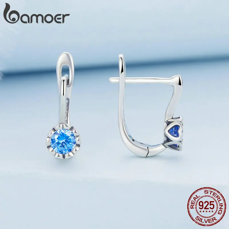 Bamoer 925 Sterling Silver Simple Shiny Blue Zircon Ear Buckles for Women Fine Jewlry Luxury Wedding Gift Stud Earrings BSE686
