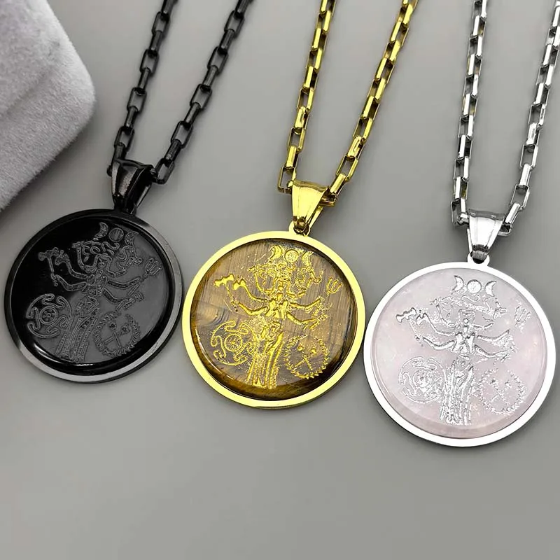 Tiger Eye Stone Witch Triple Moon Goddess Hecate Pendant Necklace for Women Men Stainless Steel Greek Mythology Chain Jewelry