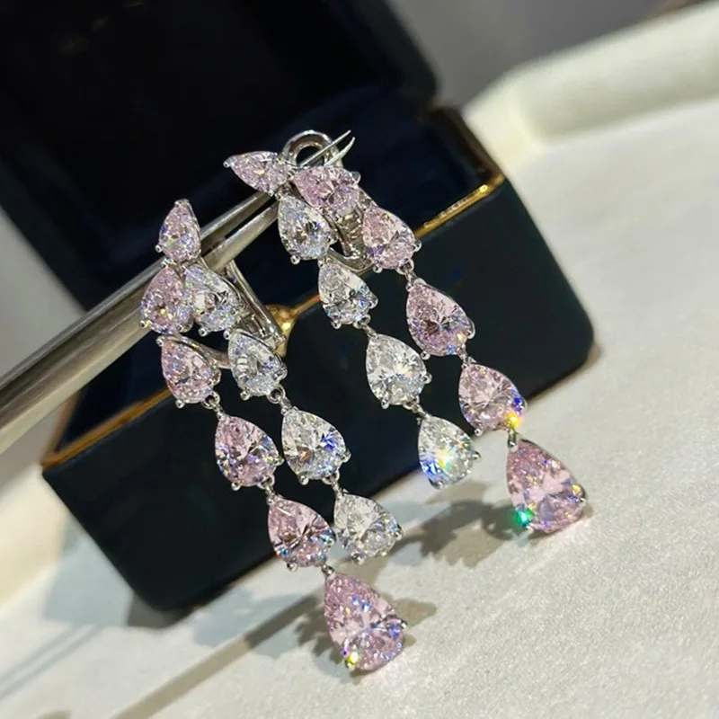 S925Silver Water Drop Pink Artificial Diamond Racket Clip High-Grade Geometric Seiko Tassel Ear Studs Jewelry Cr