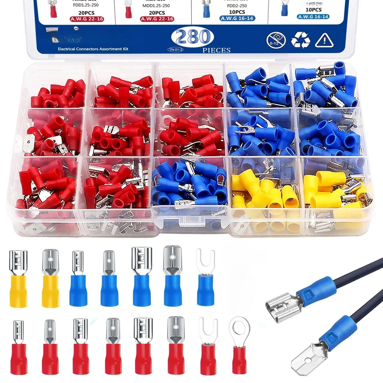 280Pcs Spade Connector kit Crimp Connectors 2.8mm 4.8mm 6.3mm Male and Female Insulated Terminals Electrical Connectors