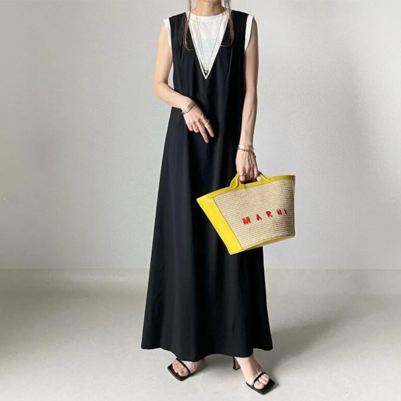 2023 Summer New Fresh Sweet Japan Korean Style Solid Deep V Cross Back Sleeveless Women Long Dress Vestidos De Mujer Harajuku