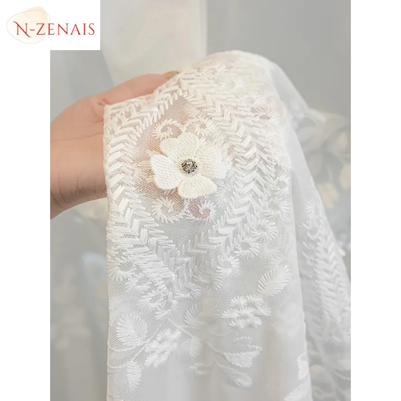 Custom Size French three-dimensional embroidery simple European Curtains for Living dining room bedroom White Tulle Elegant
